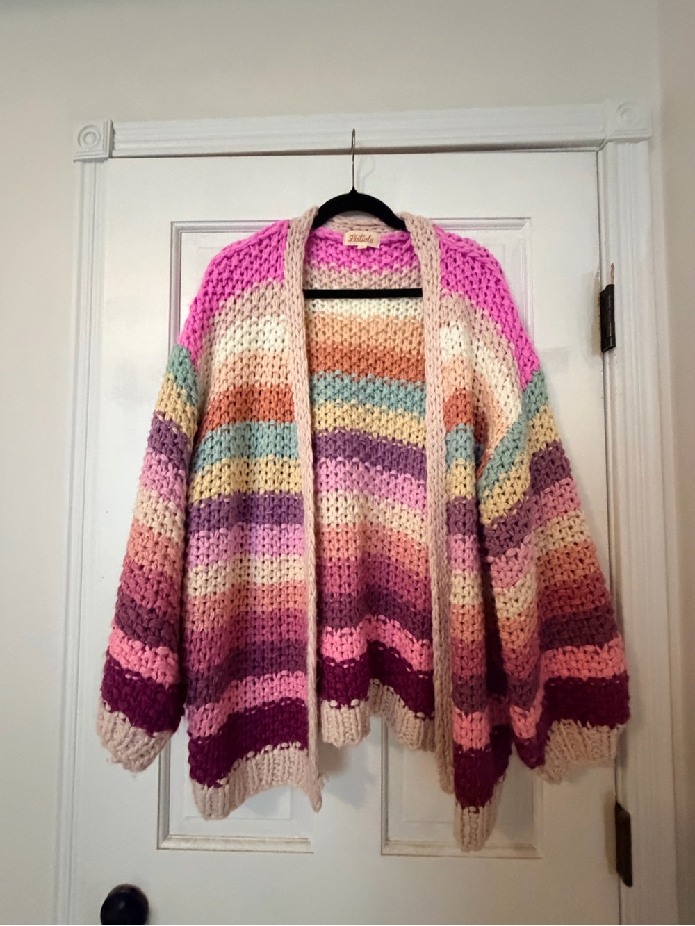 Listicle Multicolor Chunky Knit Cardigan Sweater - Pink & Cream Stripes